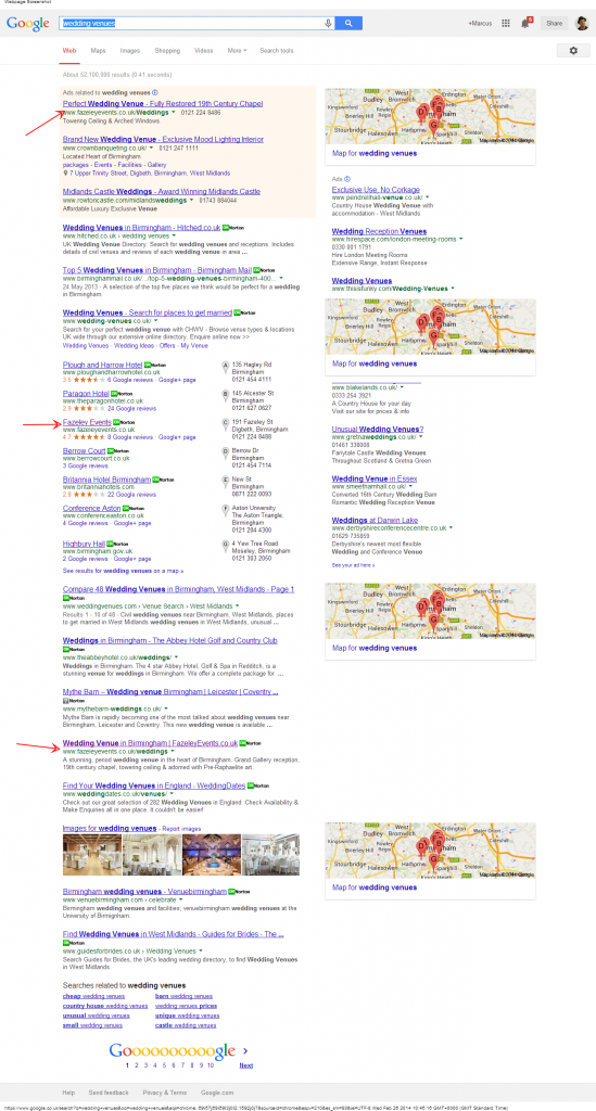 Google search results for a search for wedding venues