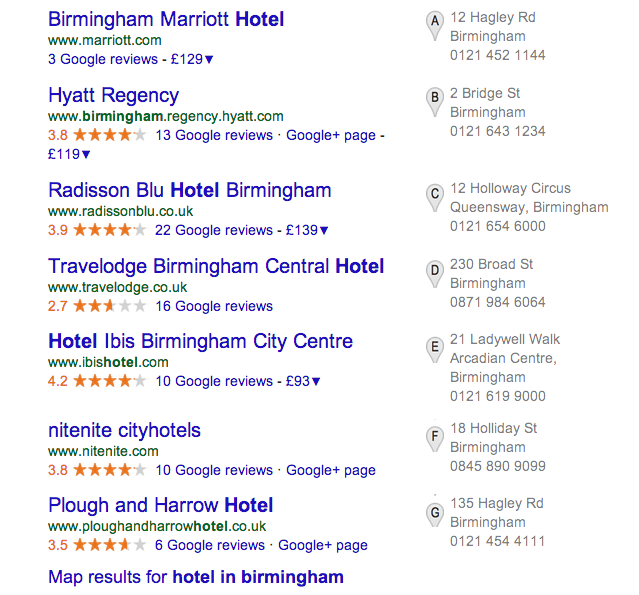local listings for hotels with five star reviews in google search results