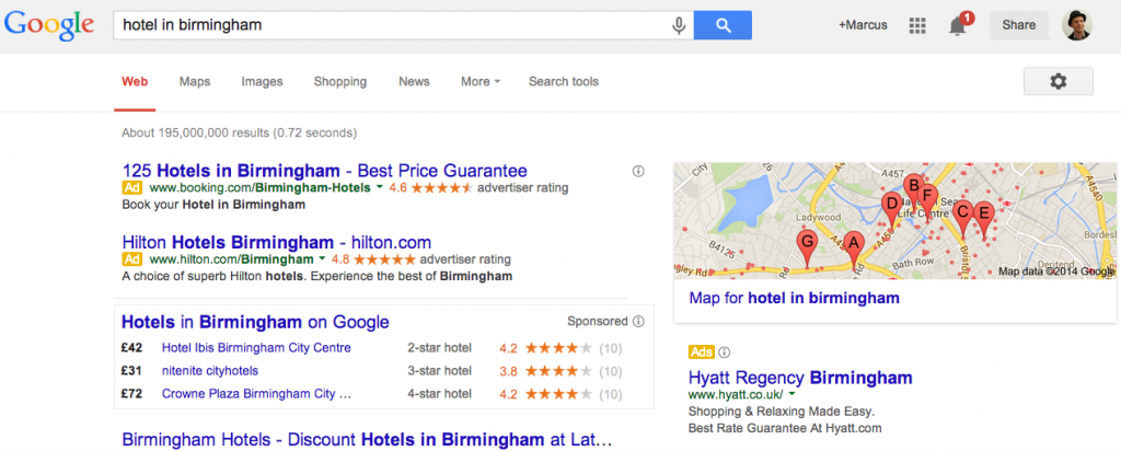 google results showing reviews in the PPC and Google Hotel Listings