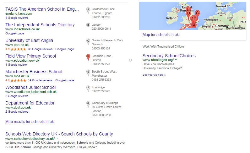 Google search results for a search of Schools in UK