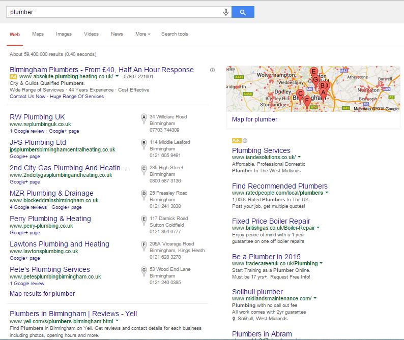 Search results in Google for a search for 'plumber'