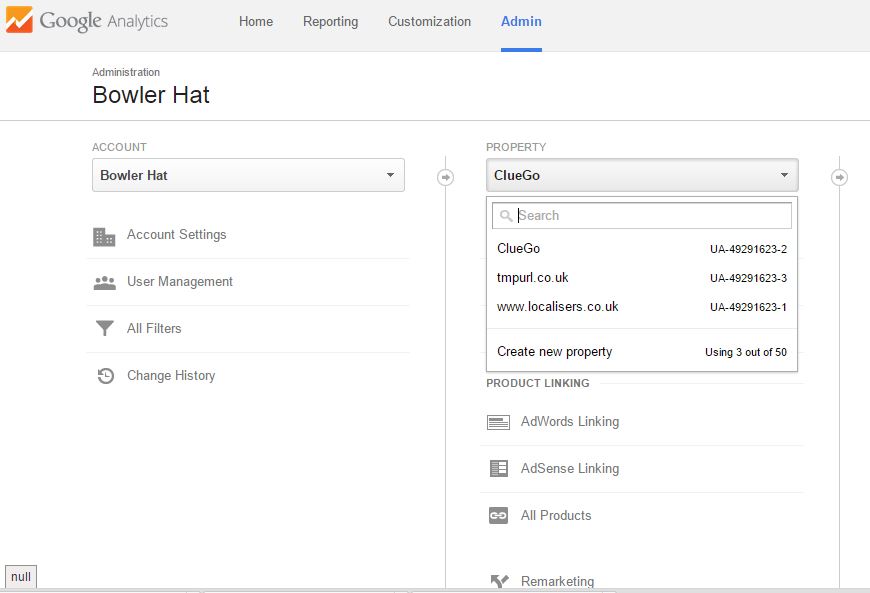 Google analytics admin screen for creating new accounts or properties