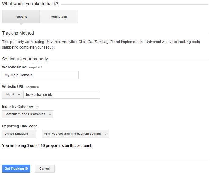 Creating a new property in Google Analytics