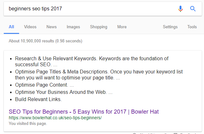 Google SERP with a featured snippet