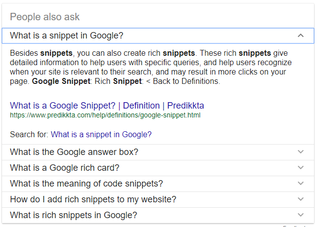 People also ask results expanded after a click showing a featured snippet and further questions
