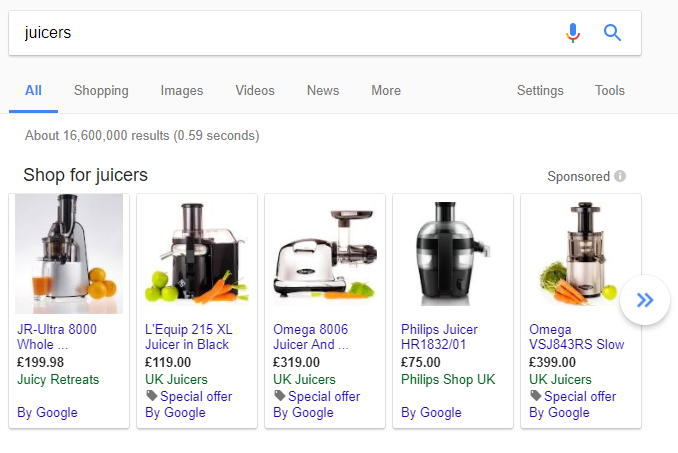 SERP shopping results (product listing ads)