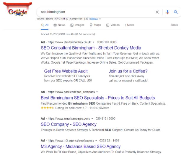 paid ads for the search term SEO Birmingham