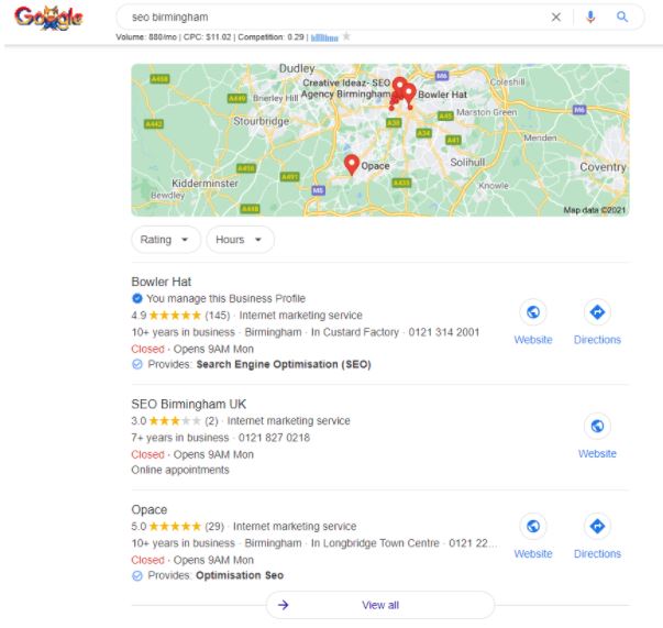 local results for a search of SEO Birmingham