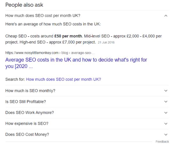 expanded people also ask results for the search term SEO Birmingham