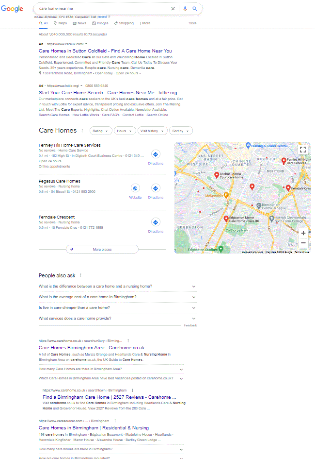 Google Search results for Care Home Near Me