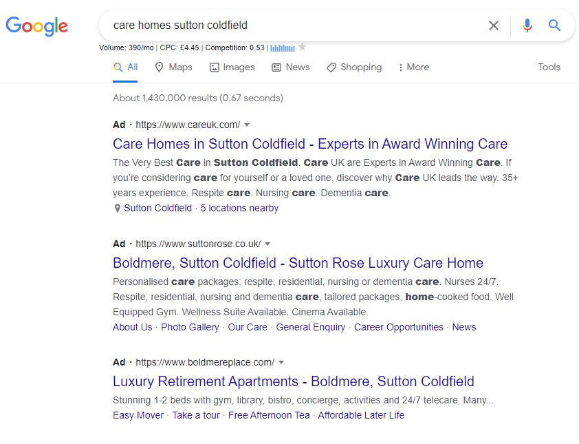google ads for care home search