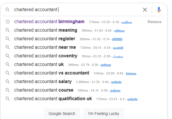 search suggetions from Google for the search term accountant