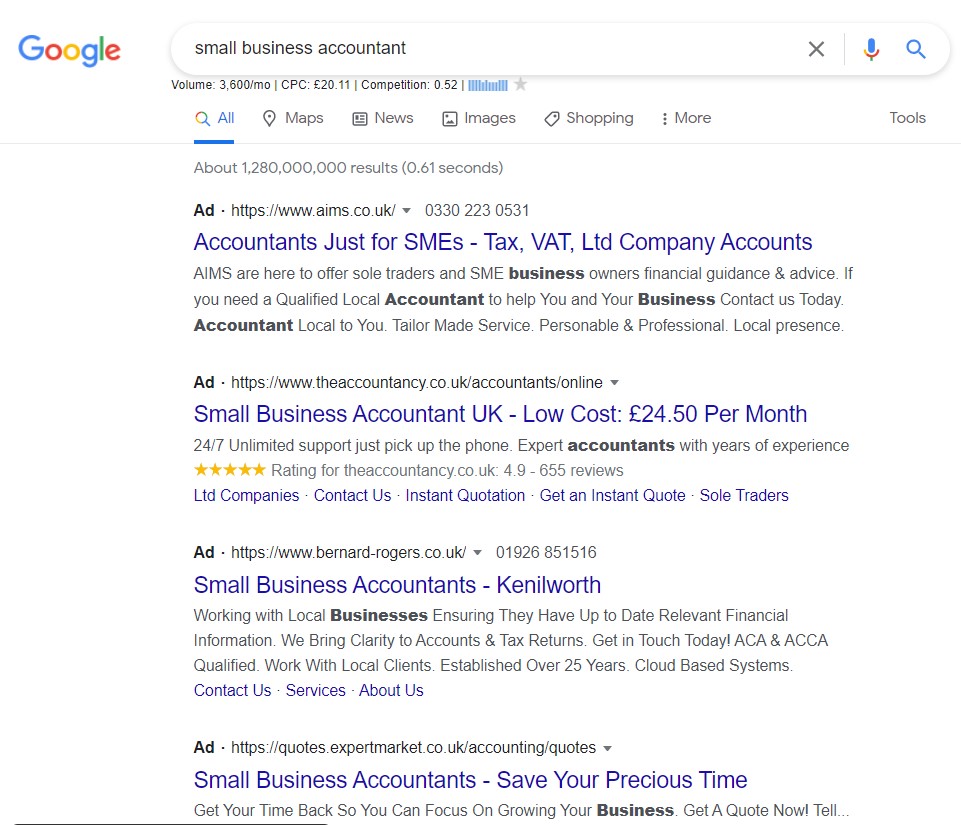 Google Search results for small business accountants