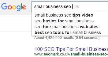 small business seo tips suggestion from google's search bar