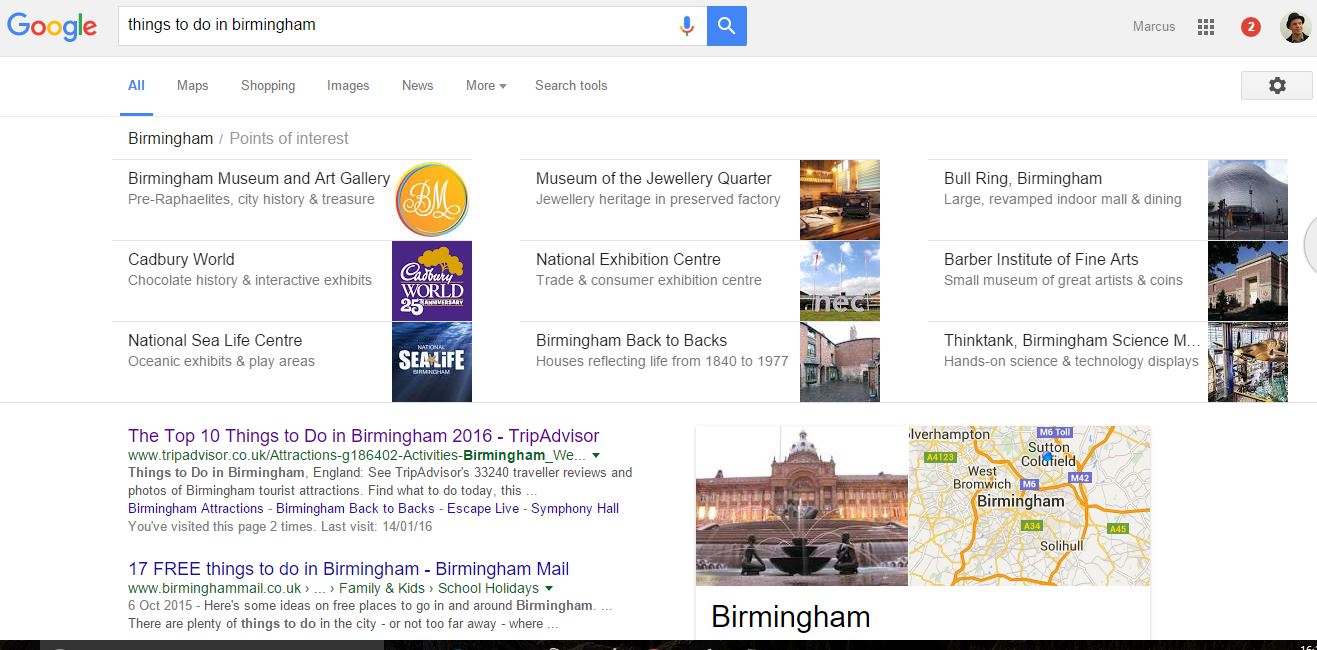 Google search results for things to do in Birmingham