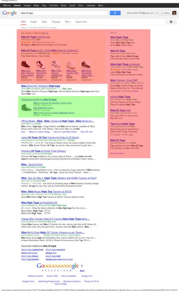 image showing google blended search with adverts and some shopping results