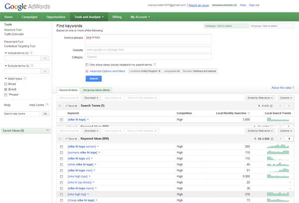 keyword research in the Google Adwords Tool